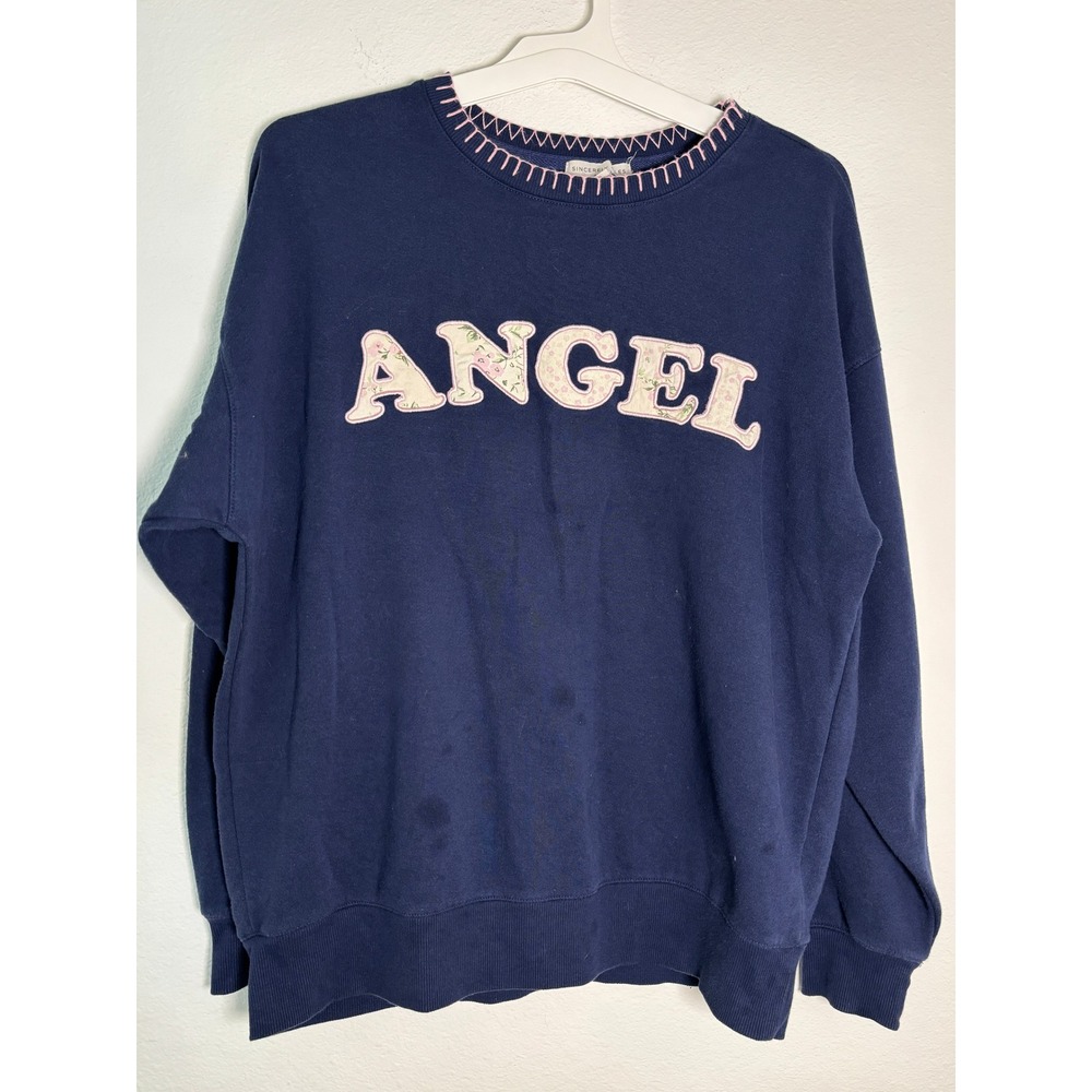 Sincerely Jules Angel Floral Applique Sweatshirt Navy Blue Pink Stitching Small